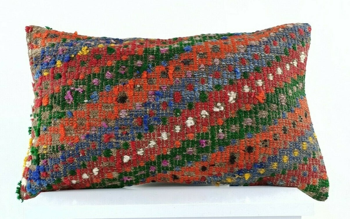 Kilim Pillow Cover 12x20 Handmade Turkish Rug Boho Ethnic Lumbar Cushion E1073
