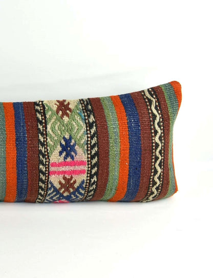 Long Kilim Pillow Cover 12x42 Handmade Oushak Rug Ethnic Ottoman Lumbar  A2095