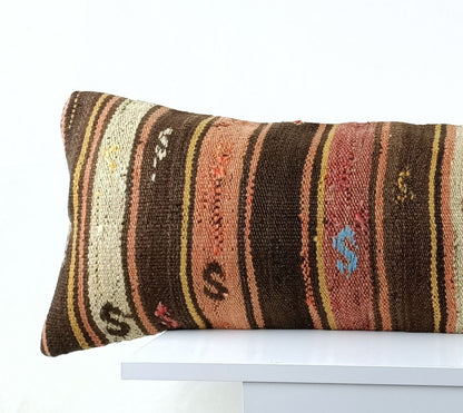 Long Kilim Lumbar Pillow Cover 12x36 Handmade Anatolian Ethnic Rug Cushion A1521