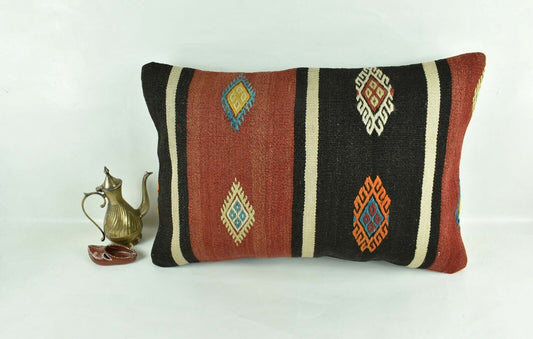 Kilim Pillow Cover 16x24 Tribal Vintage Turkish Carpet Lumbar Pillow Cover 3081