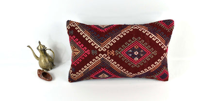 Kilim Pillow Cover 12x20 Handmade Turkish Rug Boho Ethnic Lumbar Cushion 3303