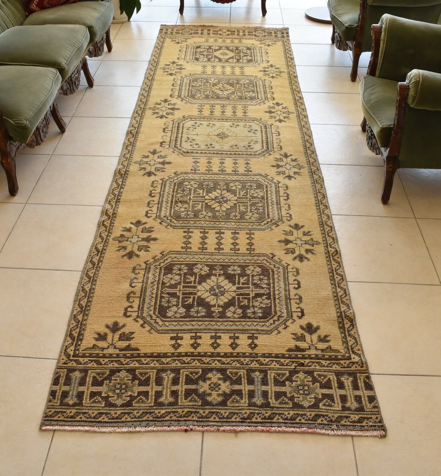 Vintage Oushak Runner 3.2 x 11.7 ft Handmade Wool Turkish Long Floor Rug C18