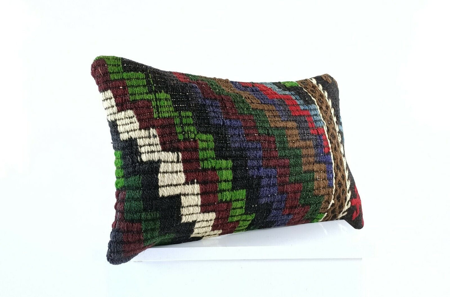 Kilim Pillow Cover 12x20 Handmade Turkish Rug Boho Ethnic Lumbar Cushion E1098