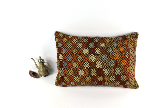Kilim Pillow Cover 16x24 Tribal Vintage Turkish Carpet Lumbar Pillow Cover 3910