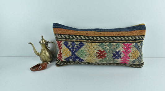 Kilim Lumbar Pillow Cover 10x20 Decorative Sofa Couch Handmade Cushion A1768
