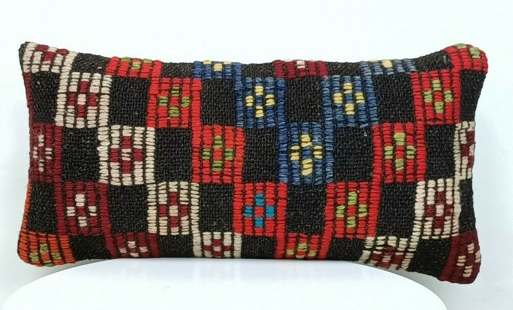 Turkish Kilim Pillow Cover 8"x16" Handknotted Vintage Tribal Lumbar Cushion E381