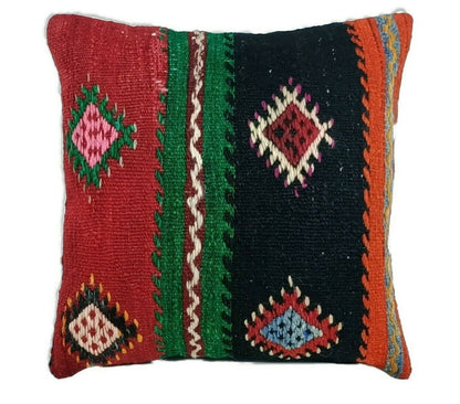 Kilim Pillow Cover 16x16 Handmade Vintage Wool Lumbar Tribal Ethnic Cushion E153