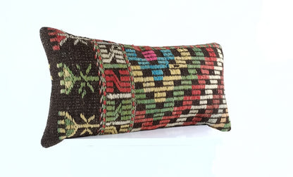 Handmade Turkish Kilim Pillow Cover 12x24 Ethnic Boho Sofa Lumbar Cushion E1017