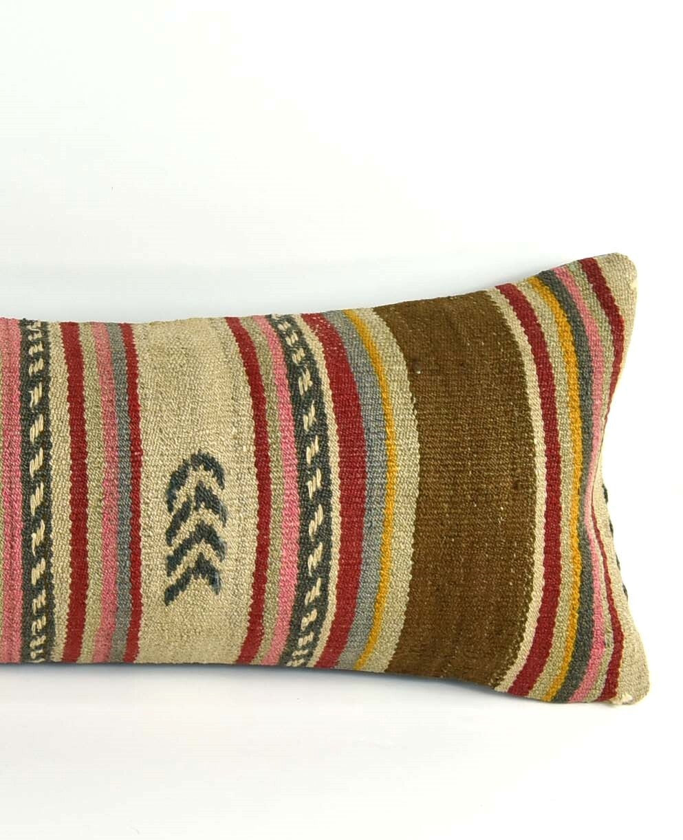 Lumbar Pillow Cover 12x36 Handknotted Kilim Rug Boho Wool Vintage Cushion  A2053