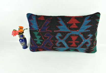 Kilim Pillow Cover 12x20 Turkish Handmade Vintage Couch Lumbar Cushion  A1838