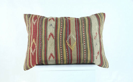 Handwoven Turkish Kilim Lumbar Pillow Cover 16x24 Vintage Bohemian Cushion A1032