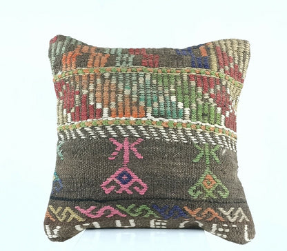 Kilim Pillow Cover 16x16 Turkish Traditional Handmade Lumbar Cushion Case A418