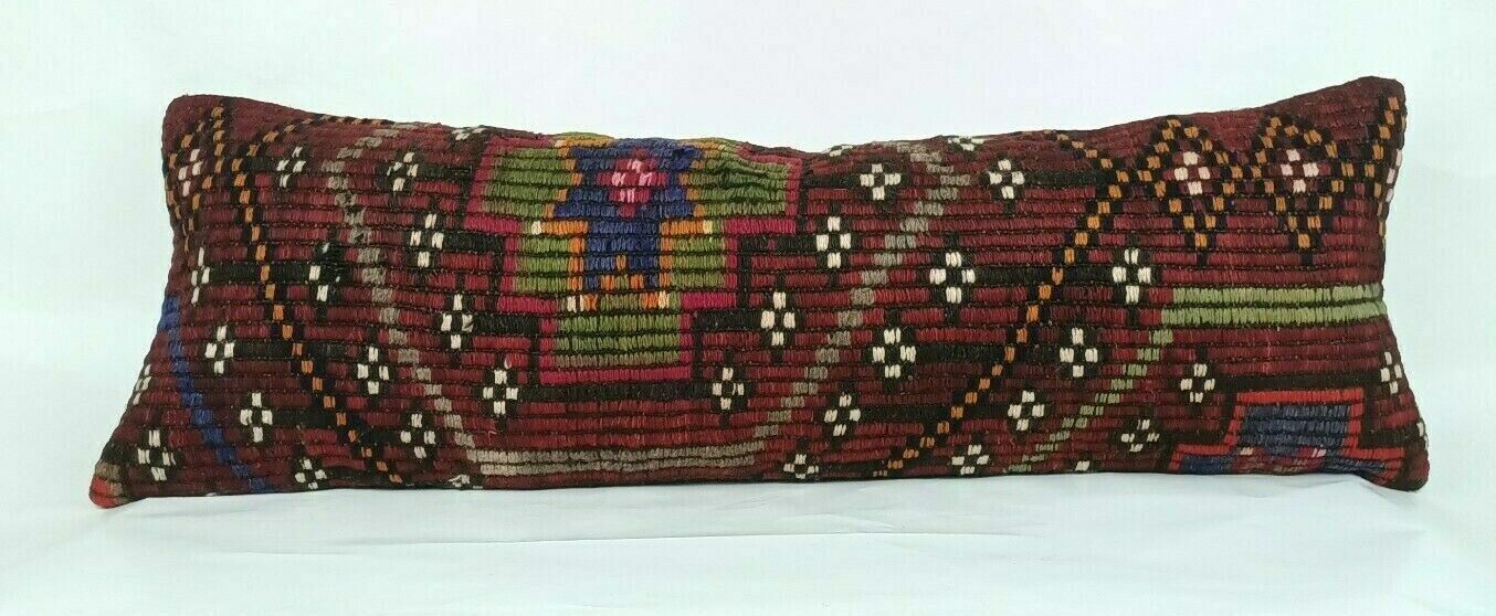 Kilim Pillow Cover 12x36 Handknotted Turkish Tribal Ethnic Lumbar Cushion E692