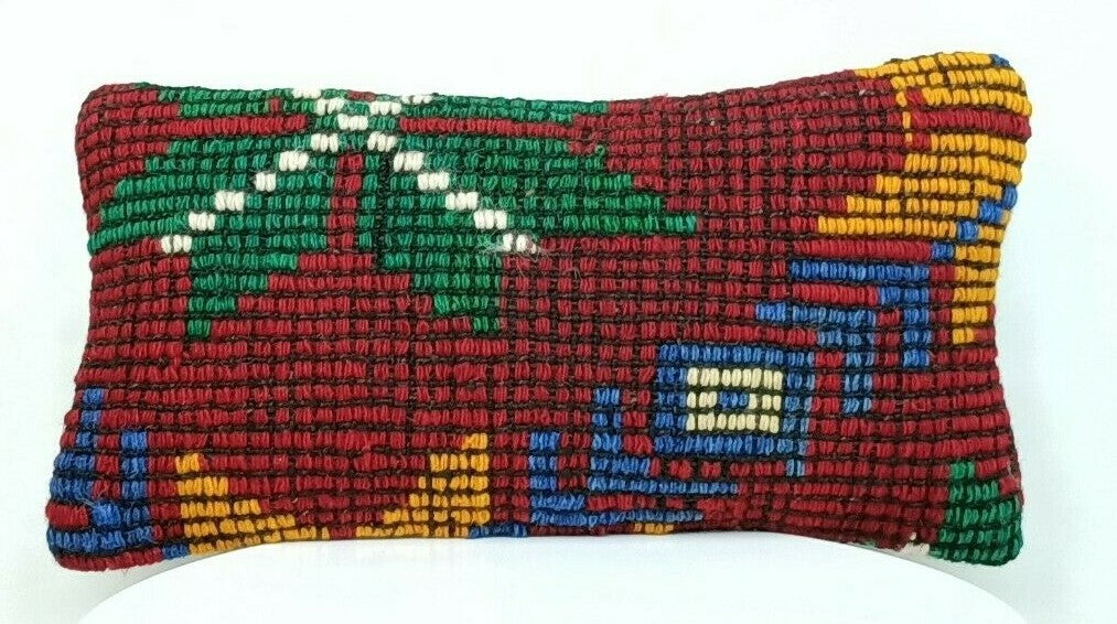 Turkish Kilim Pillow Cover 8"x16" Handmade Oushak Rug Tribal Lumbar Cushion E374