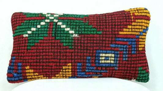 Turkish Kilim Pillow Cover 8"x16" Handmade Oushak Rug Tribal Lumbar Cushion E374