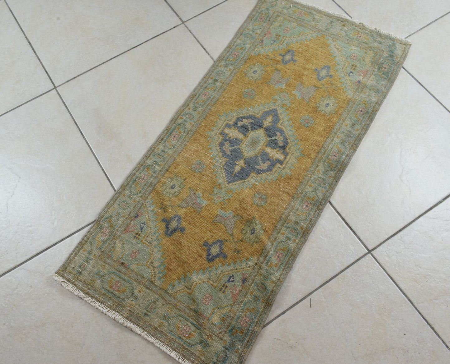 Turkish Runner 3.4x1.5 ft Vintage Small Rug Oushak Runner Anatolian Mini Rug Y73