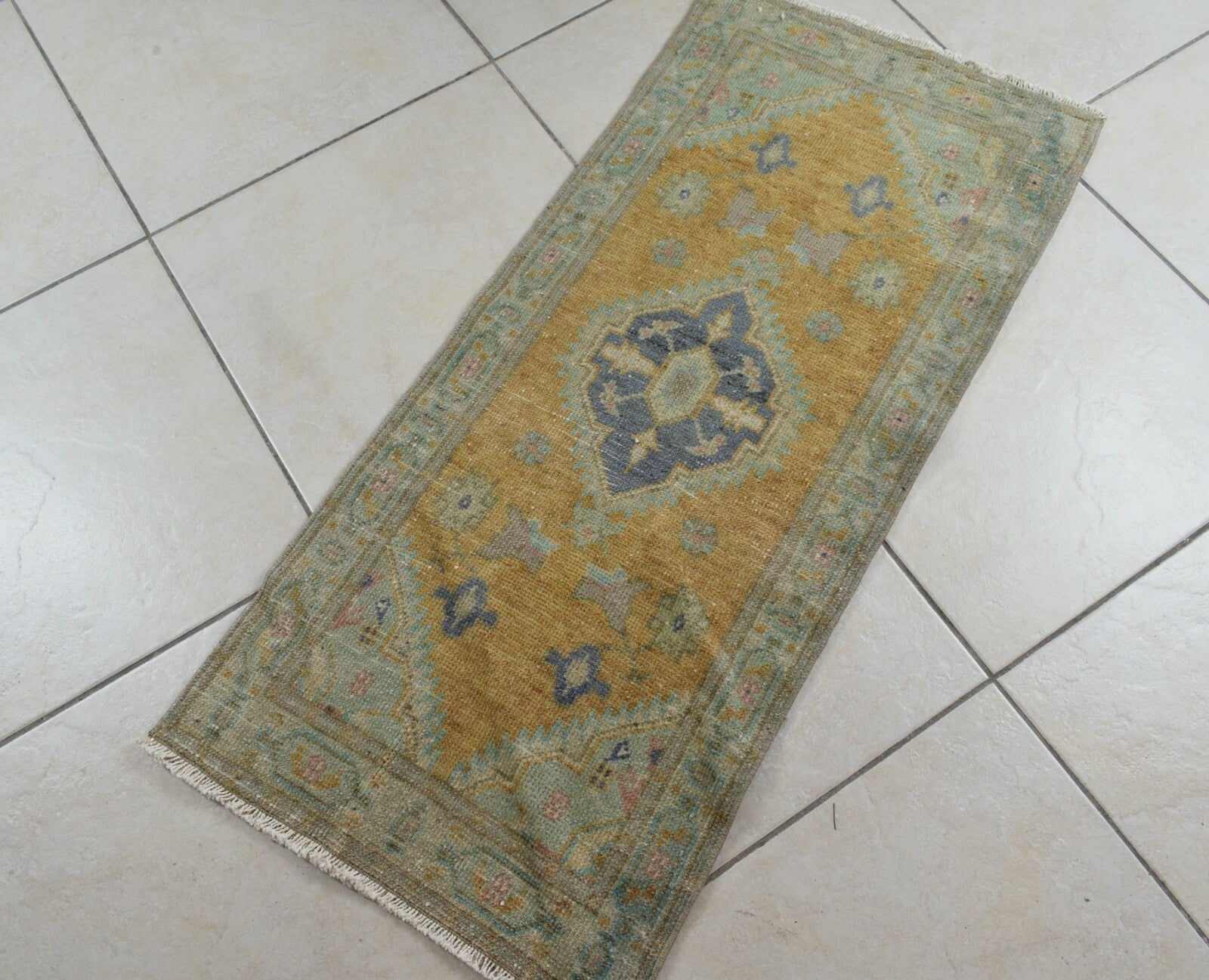 Turkish Runner 3.4x1.5 ft Vintage Small Rug Oushak Runner Anatolian Mini Rug Y73