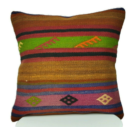 Kilim Cushion Case 16x16 Vintage Tribal Decorative Turkish  Pillow Cover E206