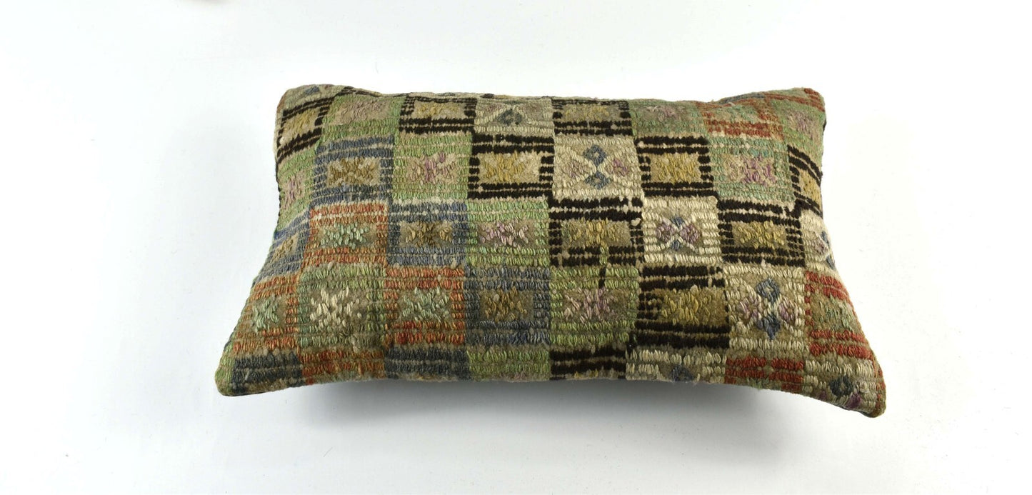 Kilim Pillow Cover 12x20 Handmade Turkish Rug Boho Ethnic Lumbar Cushion 3330