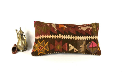 Kilim Lumbar Pillow Cover 10x20 Decorative Sofa Couch Handmade Cushion A2259