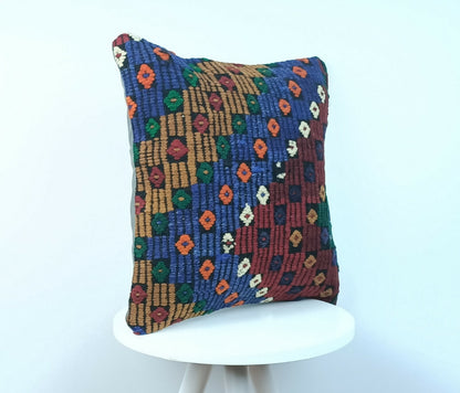 Handmade Turkish Kilim Pillow Cover 16x16 Vintage Rug Tribal Lumbar Cushion E185
