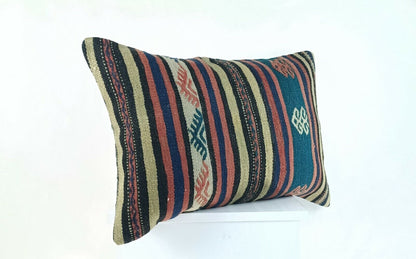 Kilim Lumbar Pillow Cover 16x24 Handwoven Oushak Boho Rug Ethnic Cushion A1003