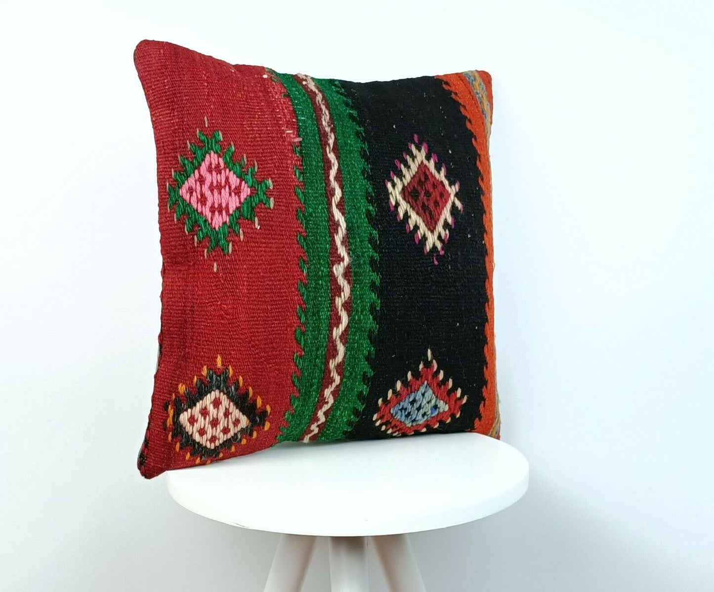 Kilim Pillow Cover 16x16 Handmade Vintage Wool Lumbar Tribal Ethnic Cushion E153