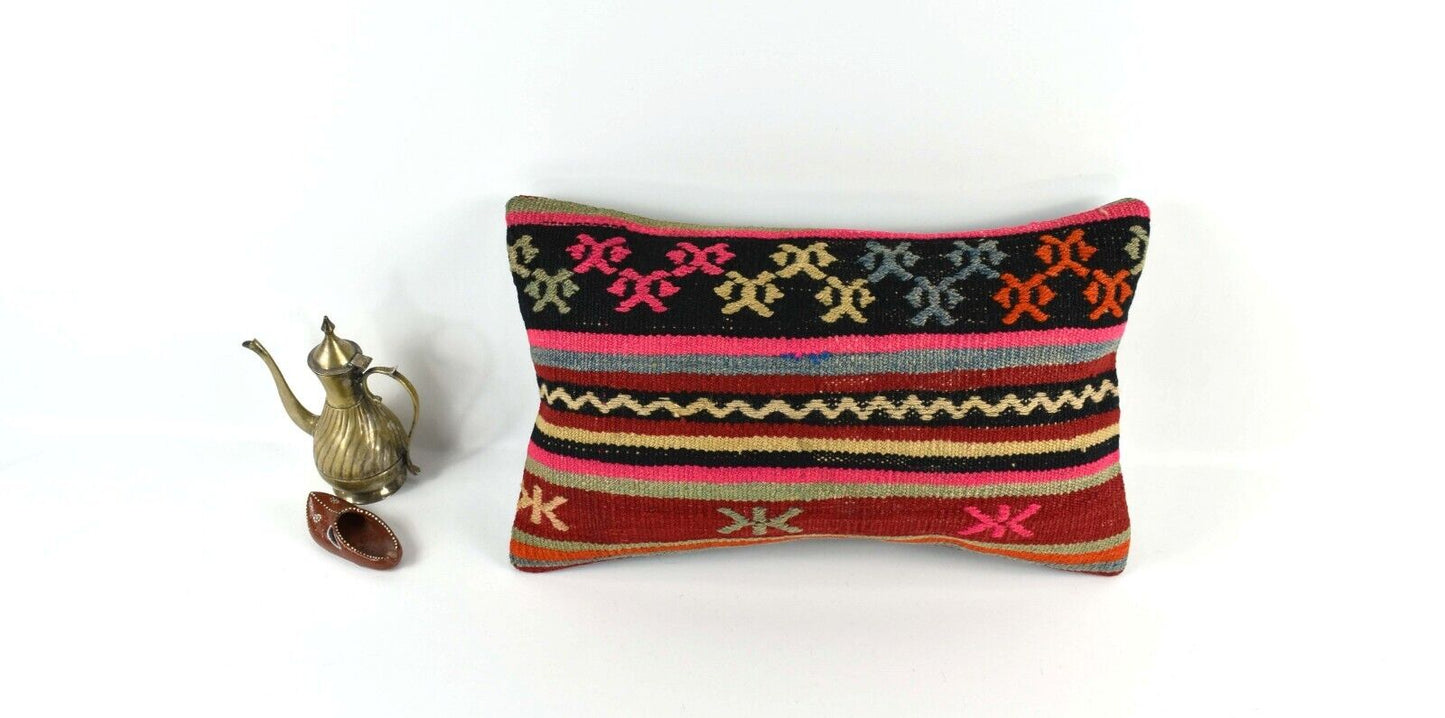 Kilim Pillow Cover 12x20 Handmade Turkish Rug Boho Ethnic Lumbar Cushion 3278