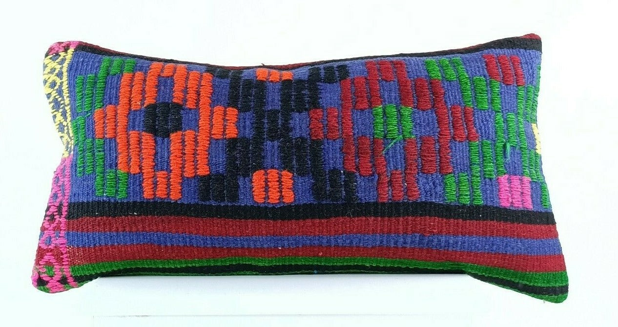 Kilim Lumbar Pillow Cover 12"x24" Handmade Oushak Traditional Ethnic Boho E913