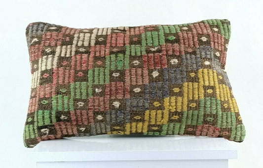 Kilim Pillow Cover 12x20 Handmade Turkish Rug Boho Ethnic Lumbar Cushion E1075