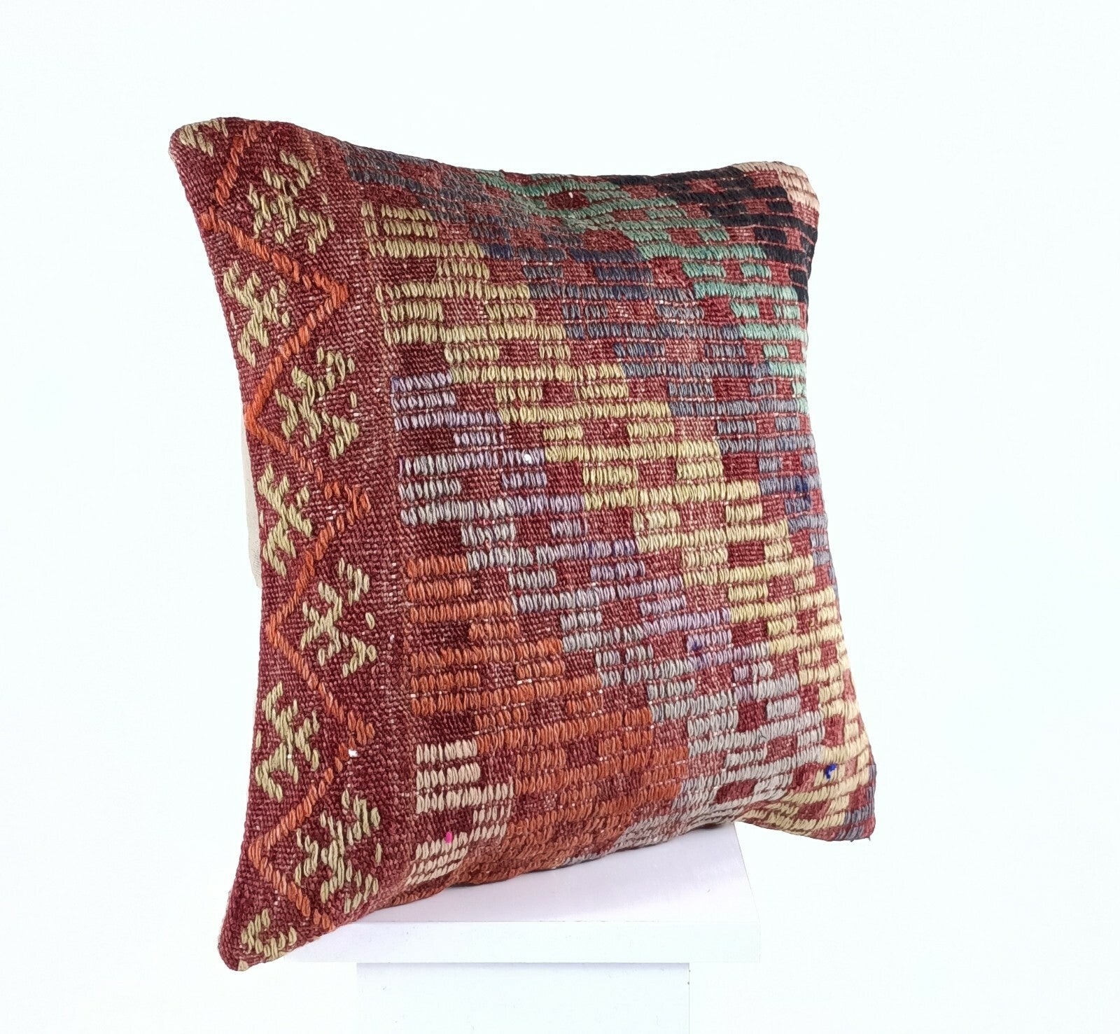 Turkish Handmade Kilim Pillow Cover 16x16 Home Decorative Wool Throw Lumbar A617