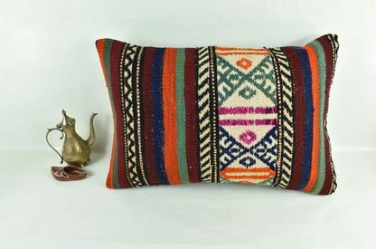 Kilim Pillow Cover 16x24 Tribal Vintage Turkish Carpet Lumbar Pillow Cover 3111