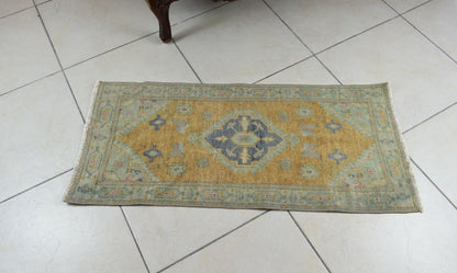 Turkish Runner 3.4x1.5 ft Vintage Small Rug Oushak Runner Anatolian Mini Rug Y73