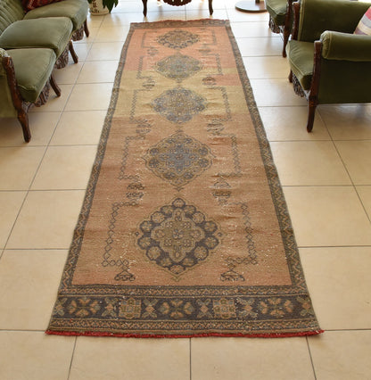 Vintage Oushak Rug 3.3 x 11.4 ft Handwoven Traditional Long Carpet Runner C42