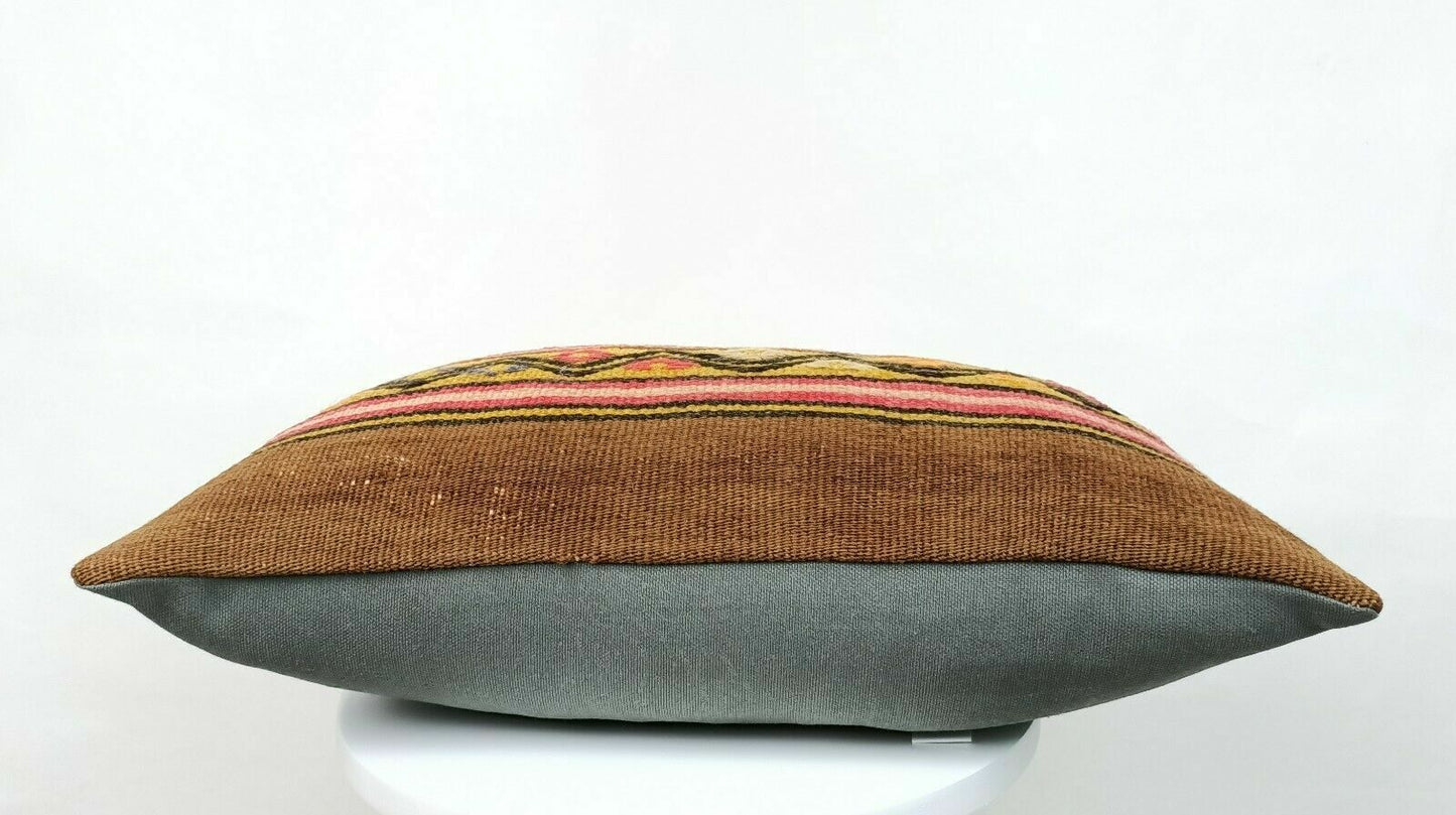 12x20 Kilim Pillow Cover Handmade Traditional Turkish Wool Lumbar Cushion E516