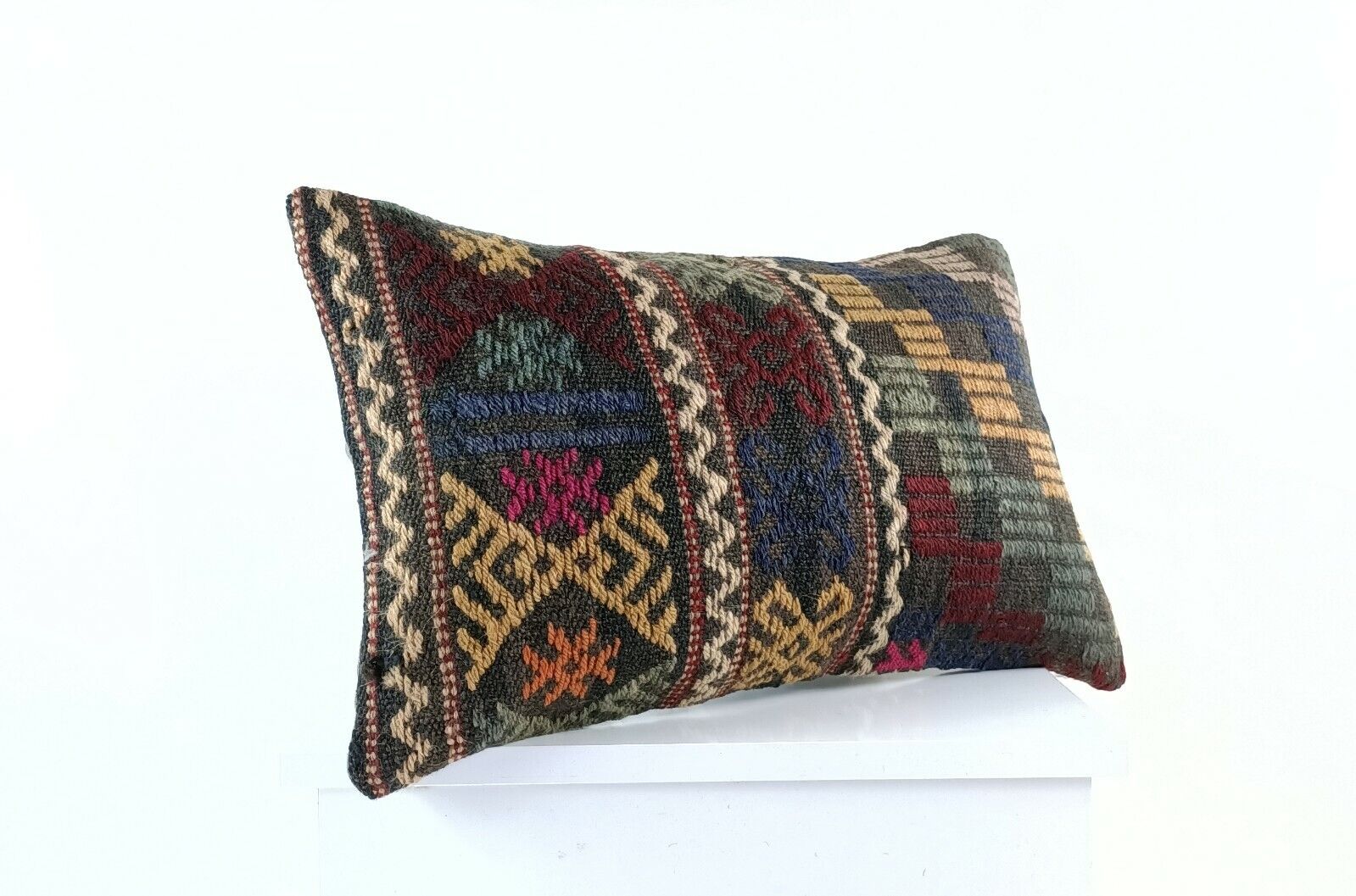 Kilim Pillow Cover 12x20 Handmade Turkish Rug Boho Ethnic Lumbar Cushion E1079