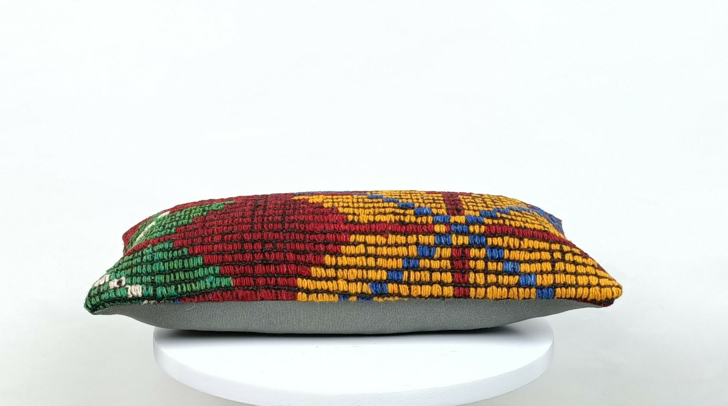 Turkish Kilim Pillow Cover 8"x16" Handknotted Vintage Tribal Lumbar Cushion E390