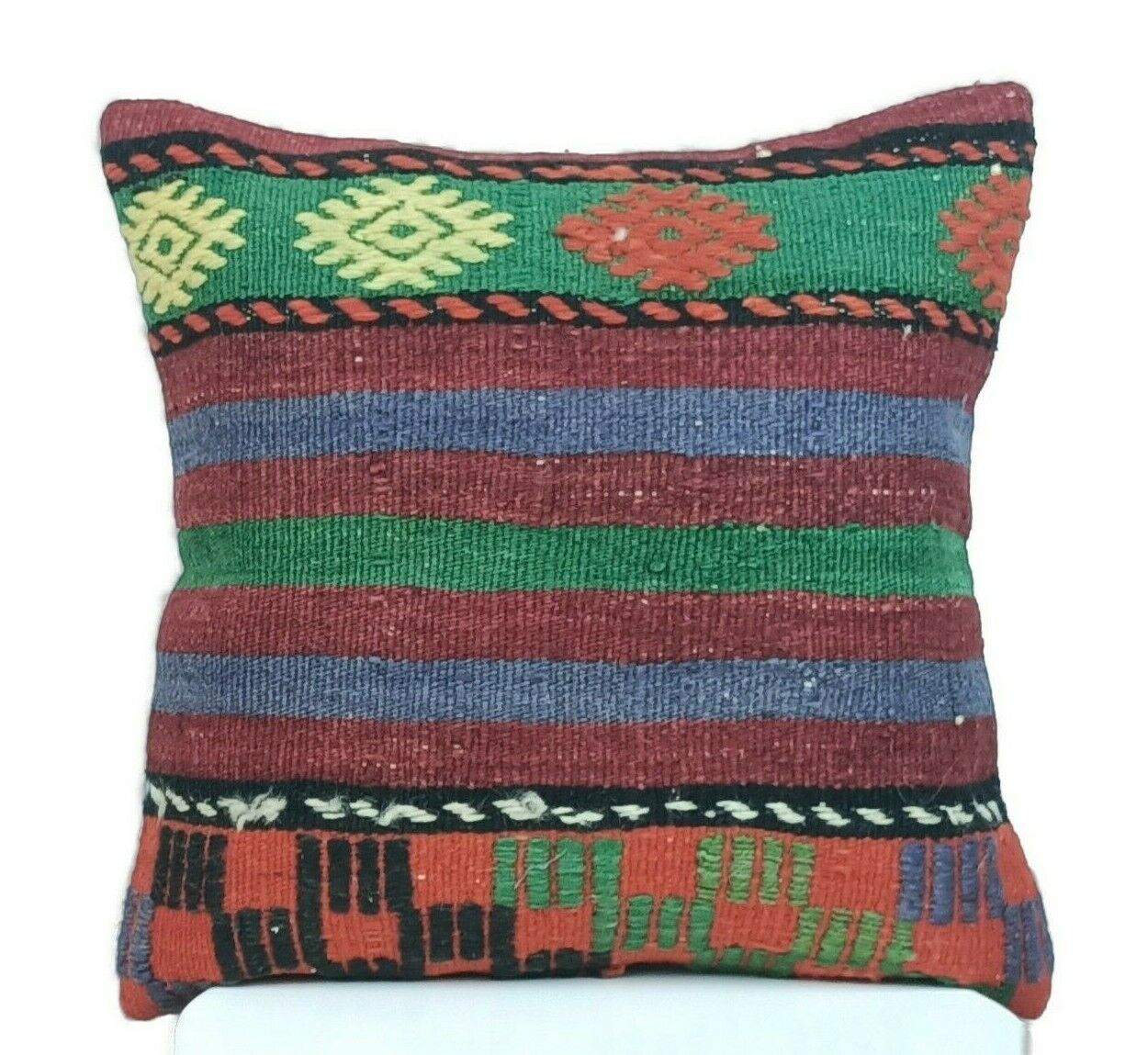 Handmade Turkish Kilim Pillow Cover 16x16 Vintage Rug Tribal Lumbar Cushion E193