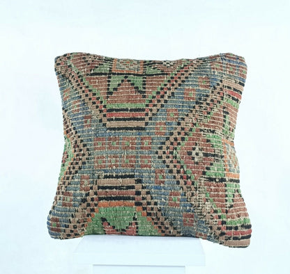 Kilim Pillow Cover 16x16 in Handmade Turkish Sofa Couch Wool Boho Cushion  A476