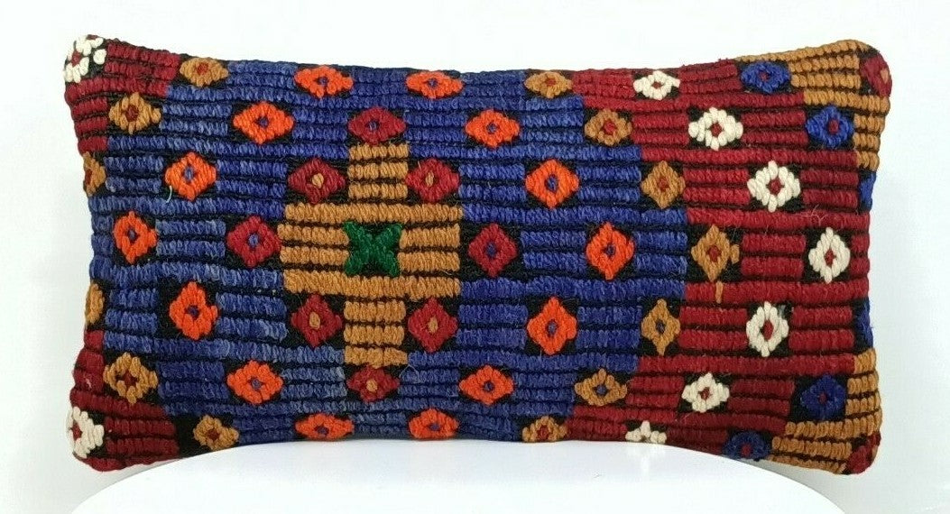 Turkish Kilim Pillow Cover 8"x16" Handknotted Vintage Tribal Lumbar Cushion E384