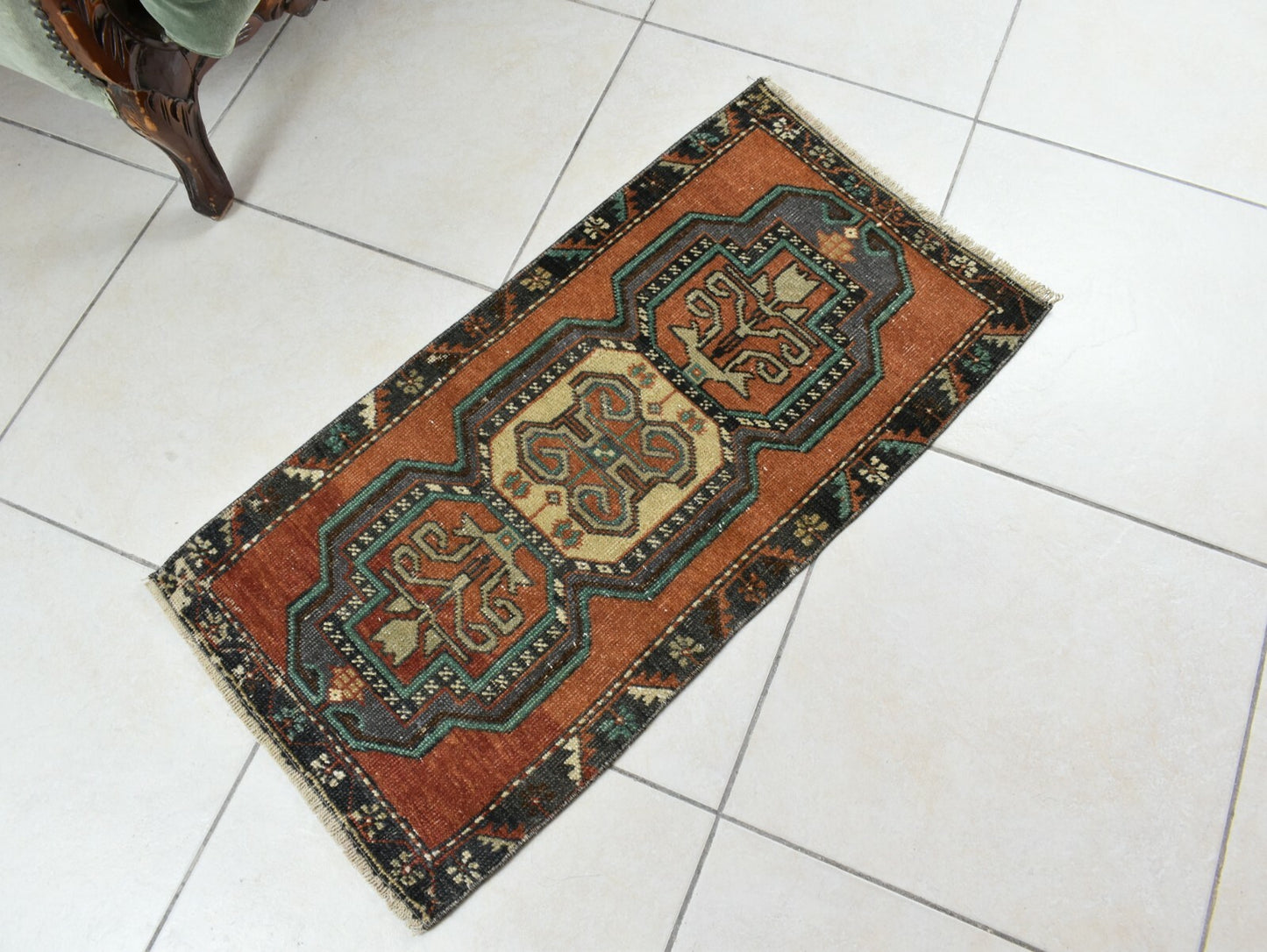 Oushak Runner 2.9x1.4 ft Vintage Turkish Rug Small Runner Anatolian Rug Y56