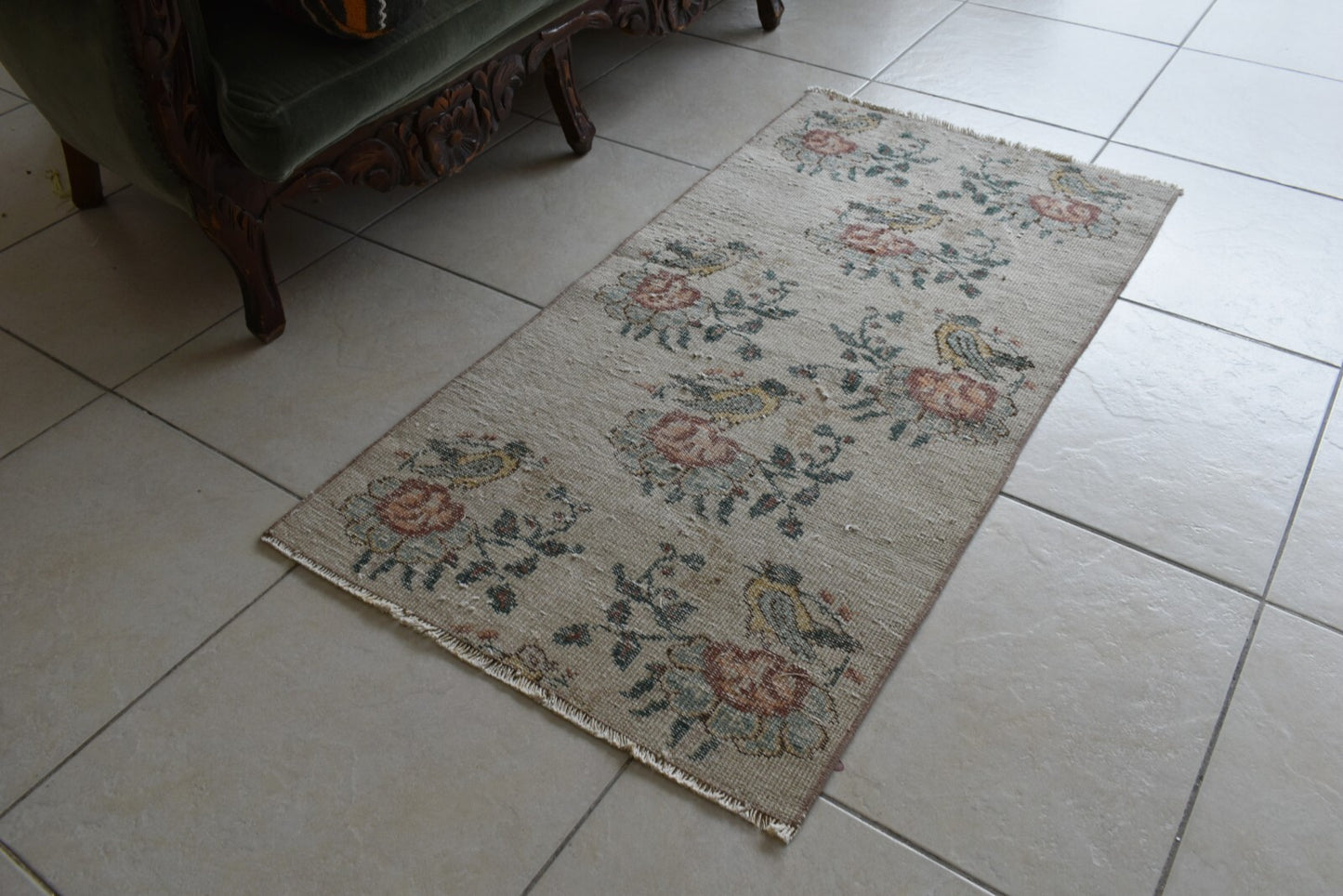 Vintage Oushak Rug 4x2 ft Turkish Floor Rug Faded Area Rug Oriental Rug