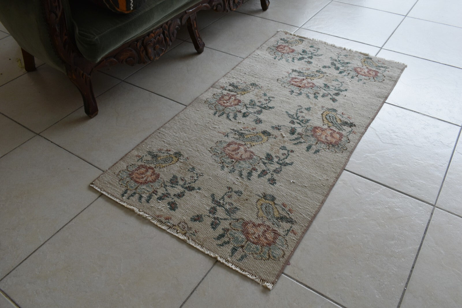 Vintage Oushak Rug 4x2 ft Turkish Floor Rug Faded Area Rug Oriental Rug