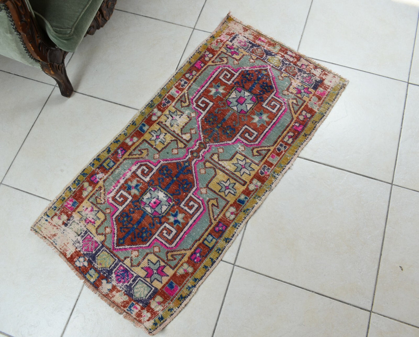 Turkish Runner 3.6x1.8 ft Vintage Small Rug Oushak Runner Anatolian Mini Rug Y61