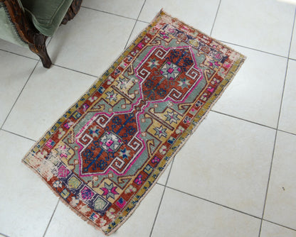 Turkish Runner 3.6x1.8 ft Vintage Small Rug Oushak Runner Anatolian Mini Rug Y61