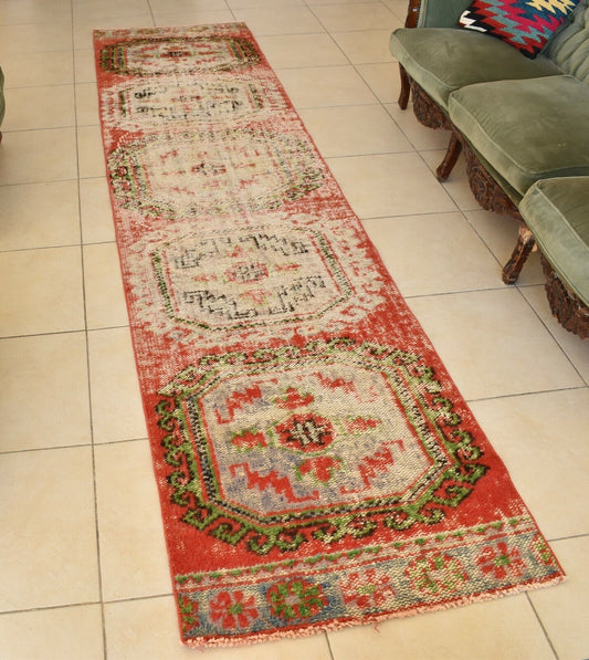 Distressed Oushak Rug 2.6x10.9 ft Handwoven Traditional Long Vintage Runner C38