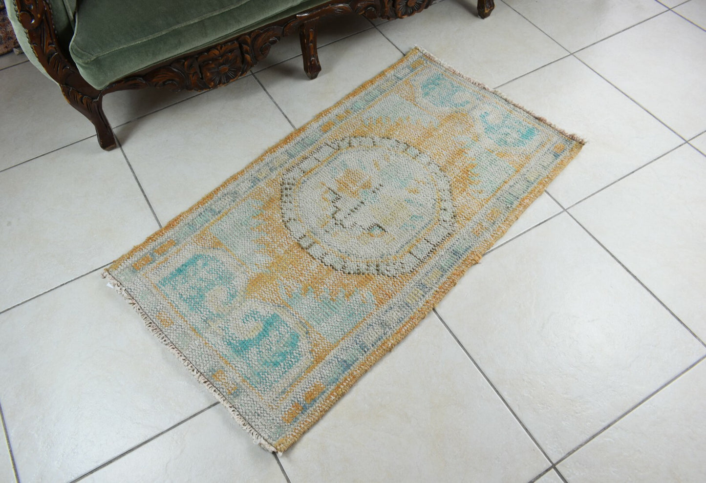 Turkish Runner 3.5x1.9 ft Vintage Small Rug Oushak Runner Anatolian Mini Rug Y75