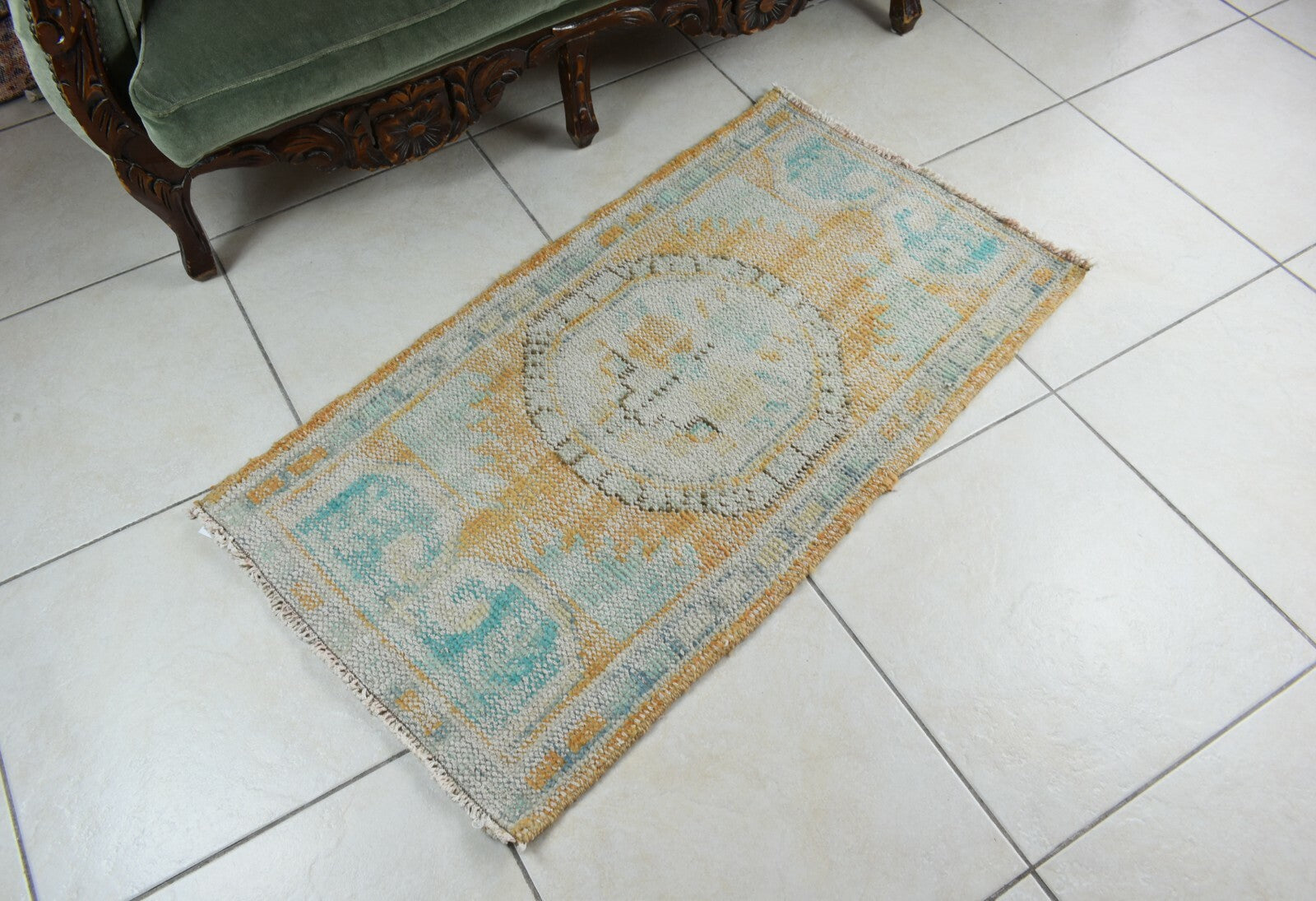 Turkish Runner 3.5x1.9 ft Vintage Small Rug Oushak Runner Anatolian Mini Rug Y75