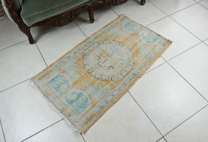 Turkish Runner 3.5x1.9 ft Vintage Small Rug Oushak Runner Anatolian Mini Rug Y75