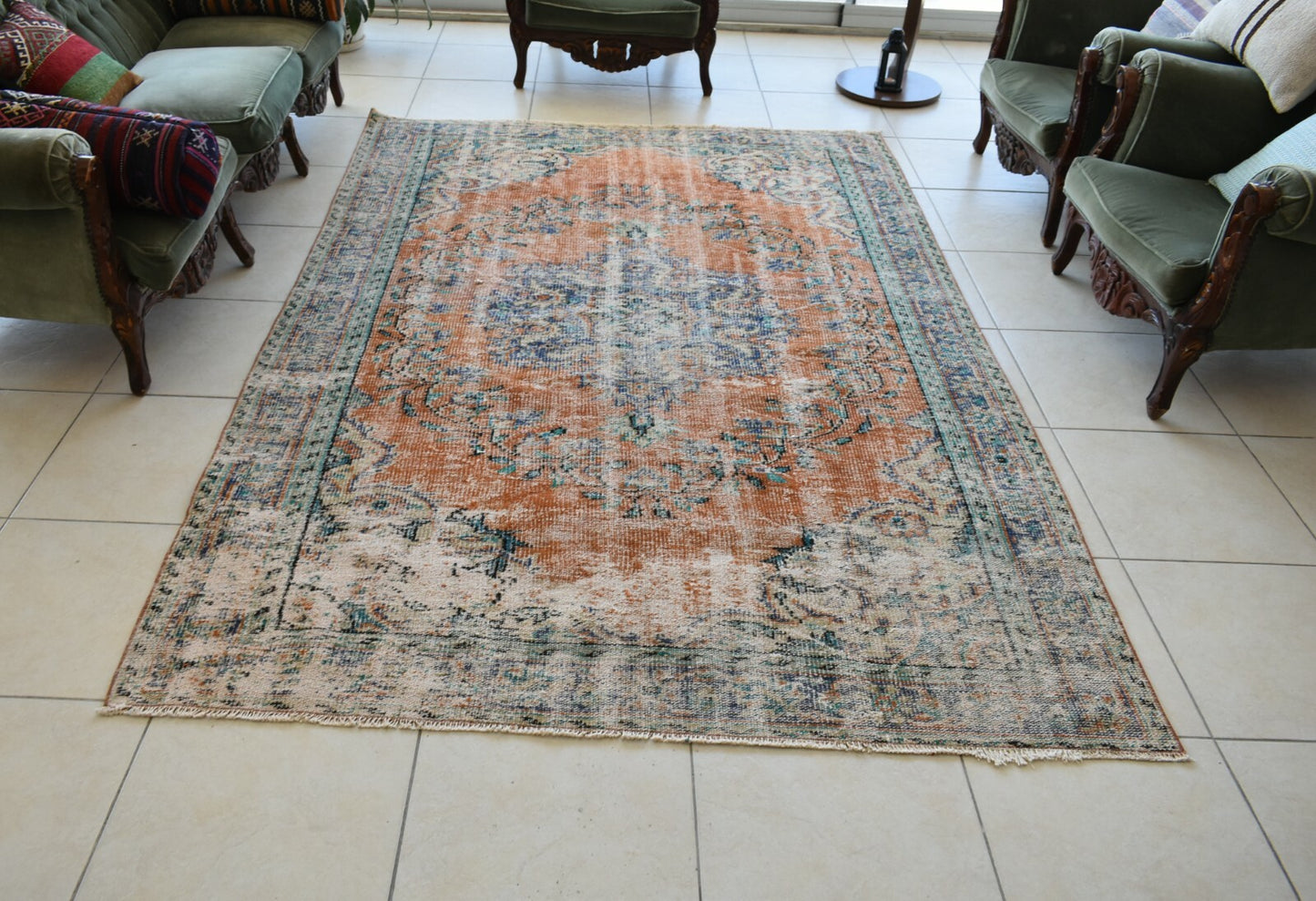 Large Turkish Rug 8.4x5.6 ft Vintage Rug Faded Oushak Rug Living Room Carpet B16